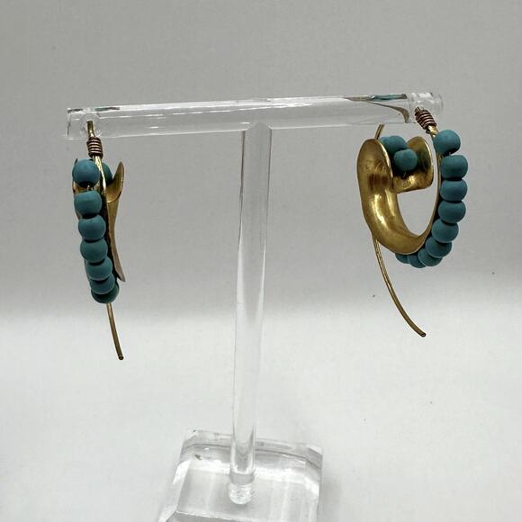 Ottoman Hands Bohemian Brass Turquoise Bead Hoop Earrings Boho Statement Jewelry - Picture 11 of 11